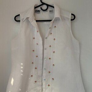 Sleeveless Irish linen button up with rose detail